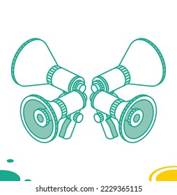 Megaphone or Horn Loudspeaker Icons. Isometric Concept. Vector Illustration. Objects for Infographics Isolated on White Background. Four Megaphones.