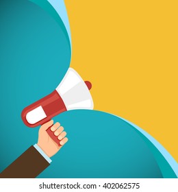 Megaphone in human hand. Marketing and promotions. Democracy and elections. Stock vector illustration.