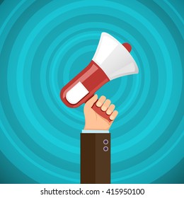 Megaphone in human hand with sound waves. Marketing and promotions. Democracy and elections. Stock vector illustration.