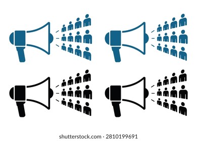 Megaphone and human silhouettes set, digital marketing strategy symbols, customer outreach illustrations, mass communication graphics, vector icons.