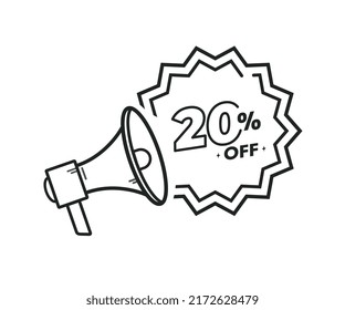 Megaphone icon announcing a 20% off discount.