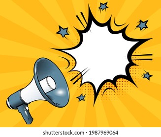Megaphone icon with blank speech bubble and empty copy space for text. Template for ad and business. Vector illustration on orange background with sun rays