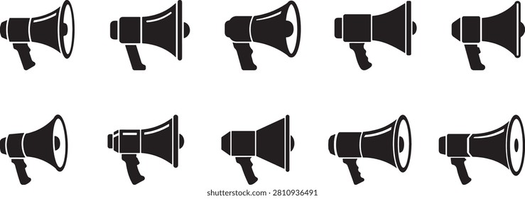 Megaphone Icon Collection with Modern Loudspeaker Silhouettes, Black Announcement Bullhorn Vector Set for Marketing and Communication
