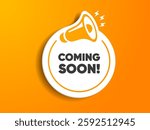 Megaphone icon with coming soon speech bubble cartoon style. Banner for business, marketing or advertising. Vector illustration EPS10. Coming soon speech white banner with black frame.