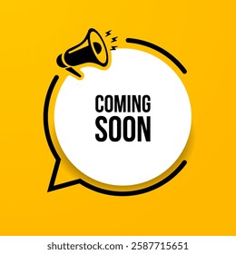 Megaphone icon with coming soon speech bubble cartoon style. Banner for business, marketing or advertising. Vector illustration EPS10. Coming soon speech white banner with black frame.