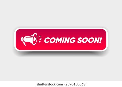 Megaphone icon with coming soon speech bubble cartoon style. Banner for business, marketing or advertising. Vector illustration EPS10. Coming soon speech white banner with black frame.