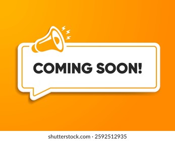 Megaphone icon with coming soon speech bubble cartoon style. Banner for business, marketing or advertising. Vector illustration EPS10. Coming soon speech white banner with black frame.