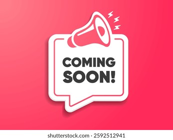 Megaphone icon with coming soon speech bubble cartoon style. Banner for business, marketing or advertising. Vector illustration EPS10. Coming soon speech white banner with black frame.