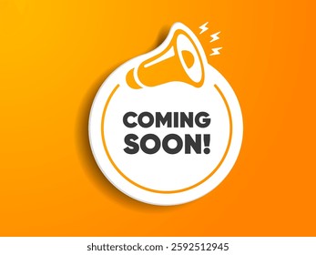 Megaphone icon with coming soon speech bubble cartoon style. Banner for business, marketing or advertising. Vector illustration EPS10. Coming soon speech white banner with black frame.