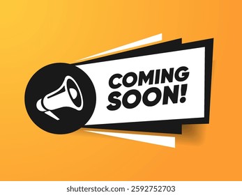 Megaphone icon with coming soon speech bubble cartoon style. Banner for business, marketing or advertising. Vector illustration EPS10. Coming soon speech white banner with black frame.