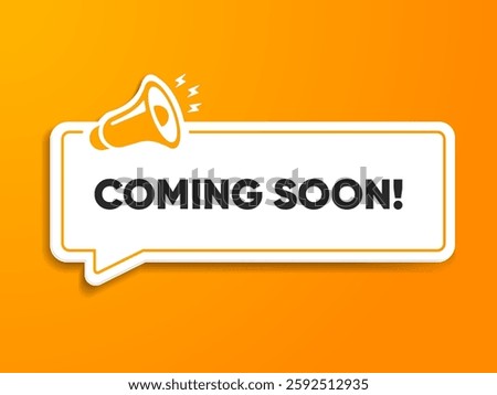 Megaphone icon with coming soon speech bubble cartoon style. Banner for business, marketing or advertising. Vector illustration EPS10. Coming soon speech white banner with black frame.
