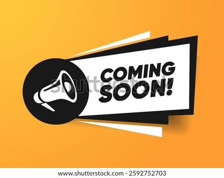Megaphone icon with coming soon speech bubble cartoon style. Banner for business, marketing or advertising. Vector illustration EPS10. Coming soon speech white banner with black frame.