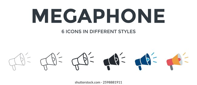 Megaphone Icon In Different Style Vector Illustration. Designed In Thin Line, Regular Line, Bold Line, Glyph, Color Fill, And Flat Style Can Be Used For Web
