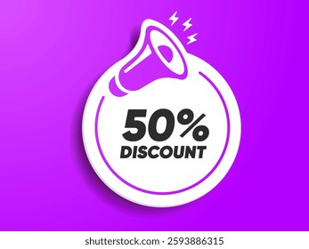 Megaphone icon with discount speech bubble cartoon style. Banner for business, marketing or advertising. Vector illustration EPS10. Discount speech white banner with black frame on yellow background.