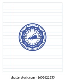 megaphone icon drawn with pen strokes. Blue ink. Vector Illustration. Detailed.