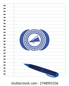 megaphone icon drawn with pen strokes. Blue ink. Vector Illustration. Detailed. 