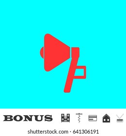 Megaphone icon flat. Red pictogram on blue background. Vector illustration symbol and bonus buttons Music center, corkscrew, credit card, house, drum