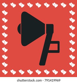 Megaphone icon flat. Simple black pictogram on red background with white hearts for valentines day. Vector illustration symbol