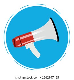 Megaphone icon in flat style isolated on blue background with lines.