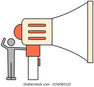 Icono de megáfono de estilo plano. Símbolo del altavoz. Anuncio de marketing, signo de promoción. Persona que envía un mensaje con bullhorn. El hombre habla de un agitador de trompetas que llama a algo
