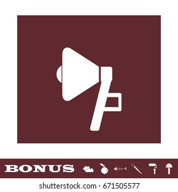 Megaphone icon flat. White pictogram on brown background. Vector illustration symbol and bonus icons