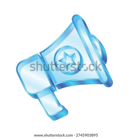 Megaphone icon glassmorphism style, Speaker icon representing announcement, alert, communication in digital platforms, marketing promotion communication, Vector transparent glass or crystal icon.