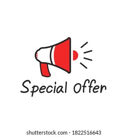 Megaphone icon with hand writing on white background vector illustration. Cute cartoon style.