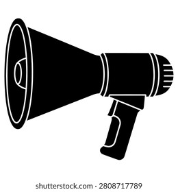 Megaphone icon illustration featuring a solid black silhouette design of a classic handheld voice amplifier device isolated on a clean white background for business marketing and public announcement concepts.