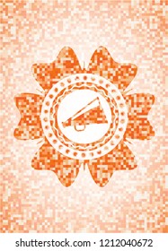 megaphone icon inside abstract emblem, orange mosaic background
