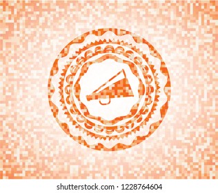 megaphone icon inside abstract emblem, orange mosaic background