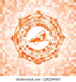 megaphone icon inside abstract emblem, orange mosaic background