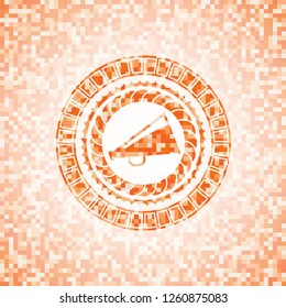 megaphone icon inside abstract orange mosaic emblem