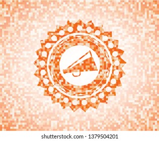 megaphone icon inside abstract orange mosaic emblem