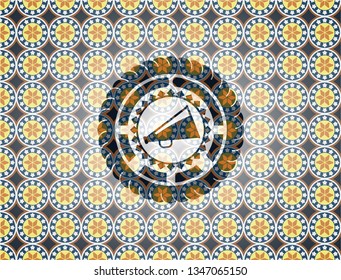 megaphone icon inside arabesque badge background. arabic decoration.