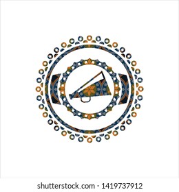 megaphone icon inside arabesque badge background. arabic decoration.