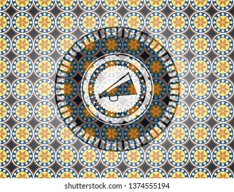 megaphone icon inside arabesque emblem background. arabic decoration.
