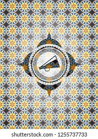 megaphone icon inside arabesque style badge. arabic decoration.
