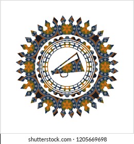 megaphone icon inside arabic badge background. Arabesque decoration.
