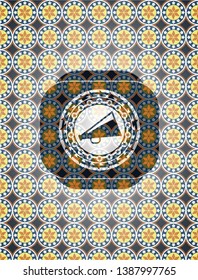 megaphone icon inside arabic badge background. Arabesque decoration.