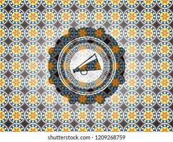 megaphone icon inside arabic emblem. Arabesque decoration.