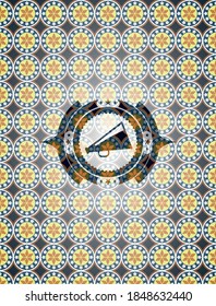 megaphone icon inside arabic emblem. Arabesque decoration. 