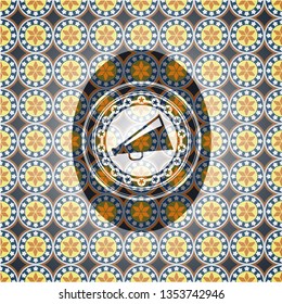 megaphone icon inside arabic style emblem. Arabesque decoration.