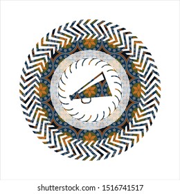 megaphone icon inside arabic style emblem. Arabesque decoration.