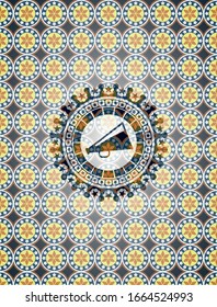 megaphone icon inside arabic style badge. Arabesque decoration.