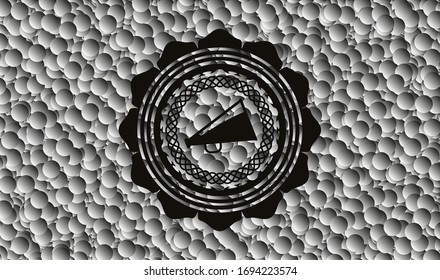 megaphone icon inside black badge with grey bubbles background. Vector Illustration. Detailed.