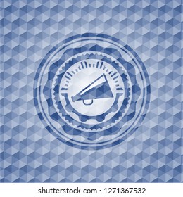megaphone icon inside blue badge with geometric pattern.