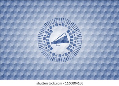 megaphone icon inside blue emblem with geometric background.