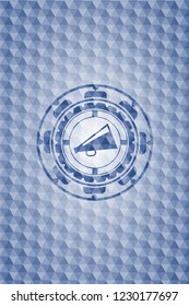 megaphone icon inside blue emblem with geometric pattern.