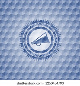 megaphone icon inside blue emblem or badge with abstract geometric pattern background.