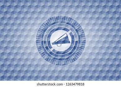megaphone icon inside blue emblem with geometric pattern background.